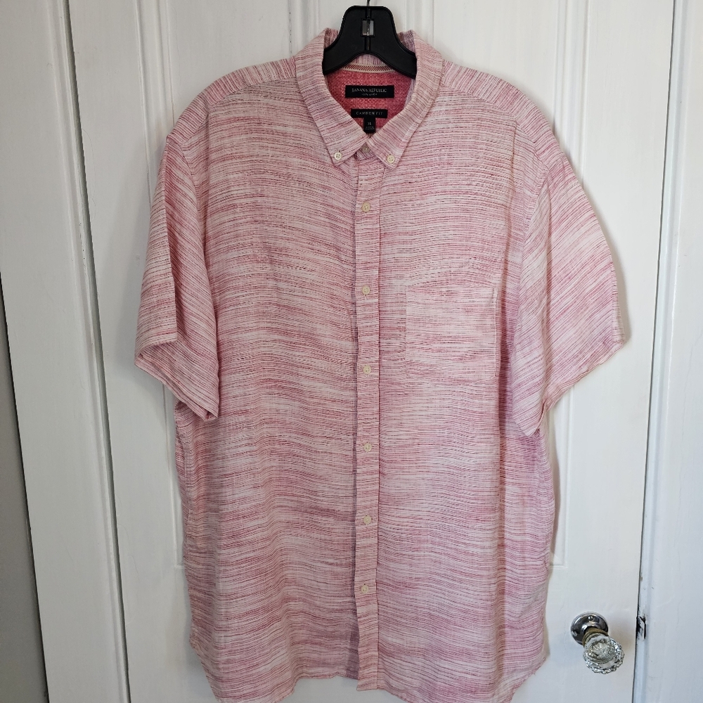 Banana Republic Mens XL Camden Fit Linen Short Sleeve Shirt Pink White Summer